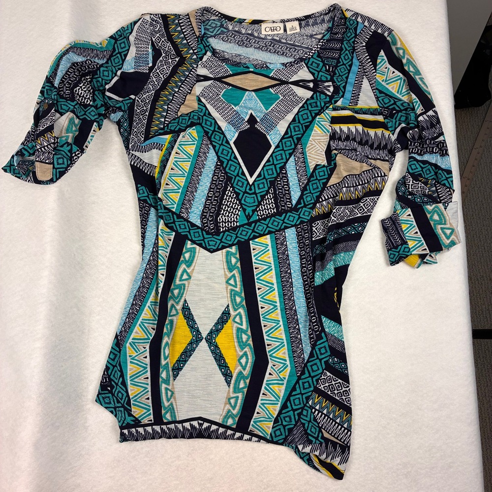 Cato Womens Small Teal Navy Geometric Tribal Print 3/4 Sleeve Button Tab Top